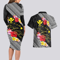Aloha Hawaii Hibiscus and Plumeria Flowers Couples Matching Long Sleeve Bodycon Dress and Hawaiian Shirt Kanaka Maoli Tattoo Polynesian Pattern LT03 - Polynesian Pride