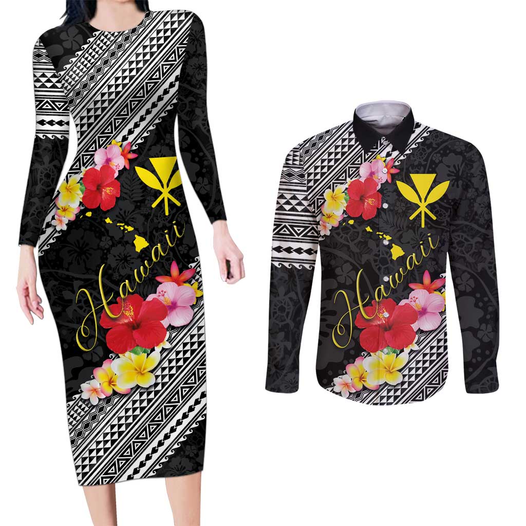 Aloha Hawaii Hibiscus and Plumeria Flowers Couples Matching Long Sleeve Bodycon Dress and Long Sleeve Button Shirt Kanaka Maoli Tattoo Polynesian Pattern LT03 Black - Polynesian Pride