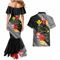 Aloha Hawaii Hibiscus and Plumeria Flowers Couples Matching Mermaid Dress and Hawaiian Shirt Kanaka Maoli Tattoo Polynesian Pattern LT03 - Polynesian Pride