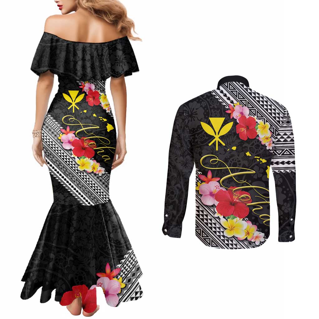 Aloha Hawaii Hibiscus and Plumeria Flowers Couples Matching Mermaid Dress and Long Sleeve Button Shirt Kanaka Maoli Tattoo Polynesian Pattern LT03 - Polynesian Pride