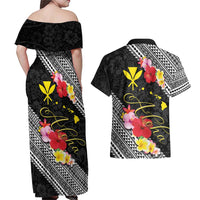 Aloha Hawaii Hibiscus and Plumeria Flowers Couples Matching Off Shoulder Maxi Dress and Hawaiian Shirt Kanaka Maoli Tattoo Polynesian Pattern LT03 - Polynesian Pride