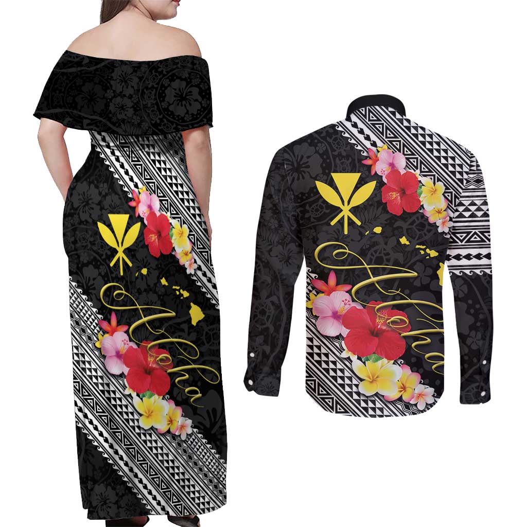Aloha Hawaii Hibiscus and Plumeria Flowers Couples Matching Off Shoulder Maxi Dress and Long Sleeve Button Shirt Kanaka Maoli Tattoo Polynesian Pattern LT03 - Polynesian Pride