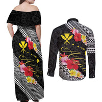 Aloha Hawaii Hibiscus and Plumeria Flowers Couples Matching Off Shoulder Maxi Dress and Long Sleeve Button Shirt Kanaka Maoli Tattoo Polynesian Pattern LT03 - Polynesian Pride