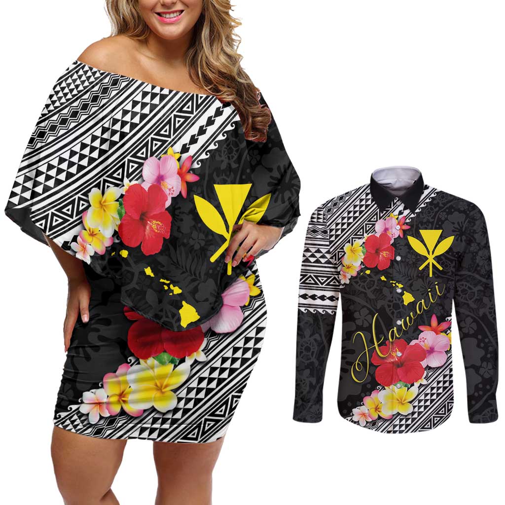 Aloha Hawaii Hibiscus and Plumeria Flowers Couples Matching Off Shoulder Short Dress and Long Sleeve Button Shirt Kanaka Maoli Tattoo Polynesian Pattern LT03 Black - Polynesian Pride