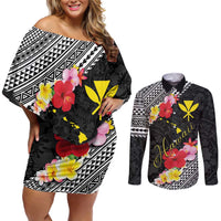Aloha Hawaii Hibiscus and Plumeria Flowers Couples Matching Off Shoulder Short Dress and Long Sleeve Button Shirt Kanaka Maoli Tattoo Polynesian Pattern LT03 Black - Polynesian Pride