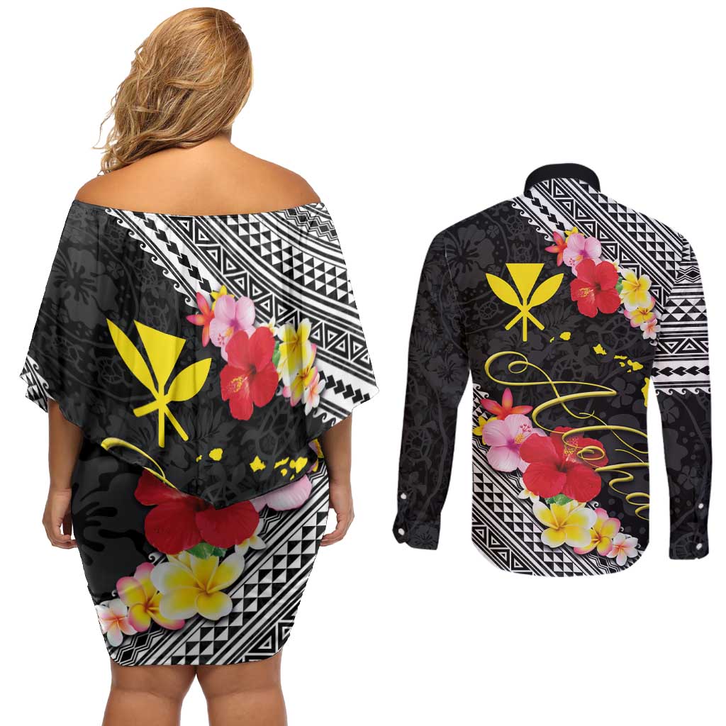 Aloha Hawaii Hibiscus and Plumeria Flowers Couples Matching Off Shoulder Short Dress and Long Sleeve Button Shirt Kanaka Maoli Tattoo Polynesian Pattern LT03 - Polynesian Pride