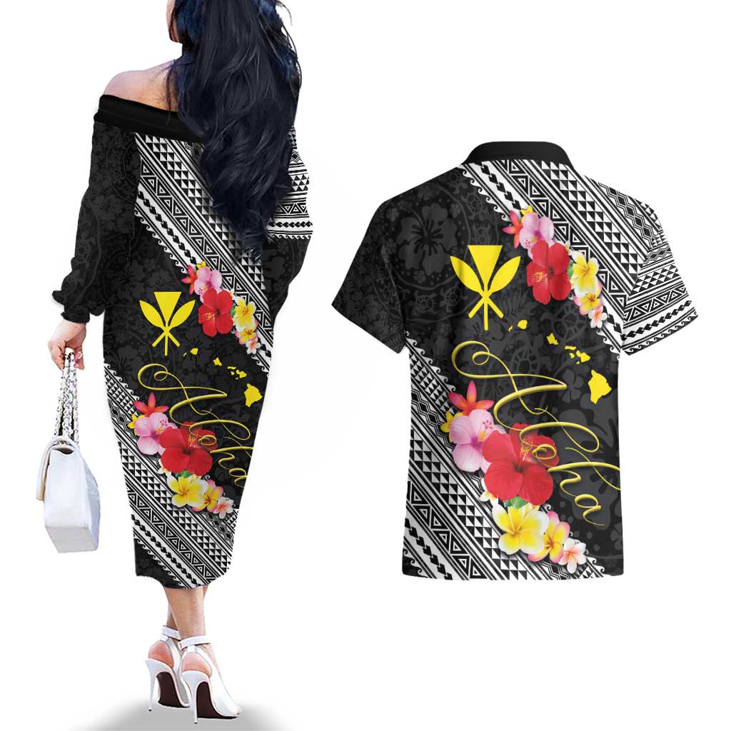 Aloha Hawaii Hibiscus and Plumeria Flowers Couples Matching Off The Shoulder Long Sleeve Dress and Hawaiian Shirt Kanaka Maoli Tattoo Polynesian Pattern LT03 - Polynesian Pride