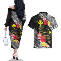 Aloha Hawaii Hibiscus and Plumeria Flowers Couples Matching Off The Shoulder Long Sleeve Dress and Hawaiian Shirt Kanaka Maoli Tattoo Polynesian Pattern LT03 - Polynesian Pride