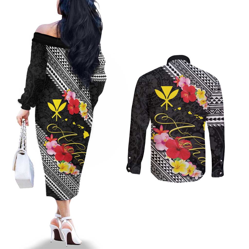 Aloha Hawaii Hibiscus and Plumeria Flowers Couples Matching Off The Shoulder Long Sleeve Dress and Long Sleeve Button Shirt Kanaka Maoli Tattoo Polynesian Pattern LT03 - Polynesian Pride