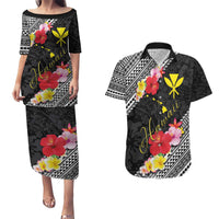 Aloha Hawaii Hibiscus and Plumeria Flowers Couples Matching Puletasi and Hawaiian Shirt Kanaka Maoli Tattoo Polynesian Pattern LT03 Black - Polynesian Pride