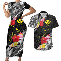 Aloha Hawaii Hibiscus and Plumeria Flowers Couples Matching Short Sleeve Bodycon Dress and Hawaiian Shirt Kanaka Maoli Tattoo Polynesian Pattern LT03 Black - Polynesian Pride