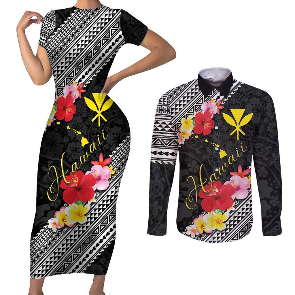 Aloha Hawaii Hibiscus and Plumeria Flowers Couples Matching Short Sleeve Bodycon Dress and Long Sleeve Button Shirt Kanaka Maoli Tattoo Polynesian Pattern LT03 Black - Polynesian Pride