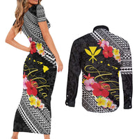 Aloha Hawaii Hibiscus and Plumeria Flowers Couples Matching Short Sleeve Bodycon Dress and Long Sleeve Button Shirt Kanaka Maoli Tattoo Polynesian Pattern LT03 - Polynesian Pride