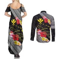 Aloha Hawaii Hibiscus and Plumeria Flowers Couples Matching Summer Maxi Dress and Long Sleeve Button Shirt Kanaka Maoli Tattoo Polynesian Pattern LT03 - Polynesian Pride