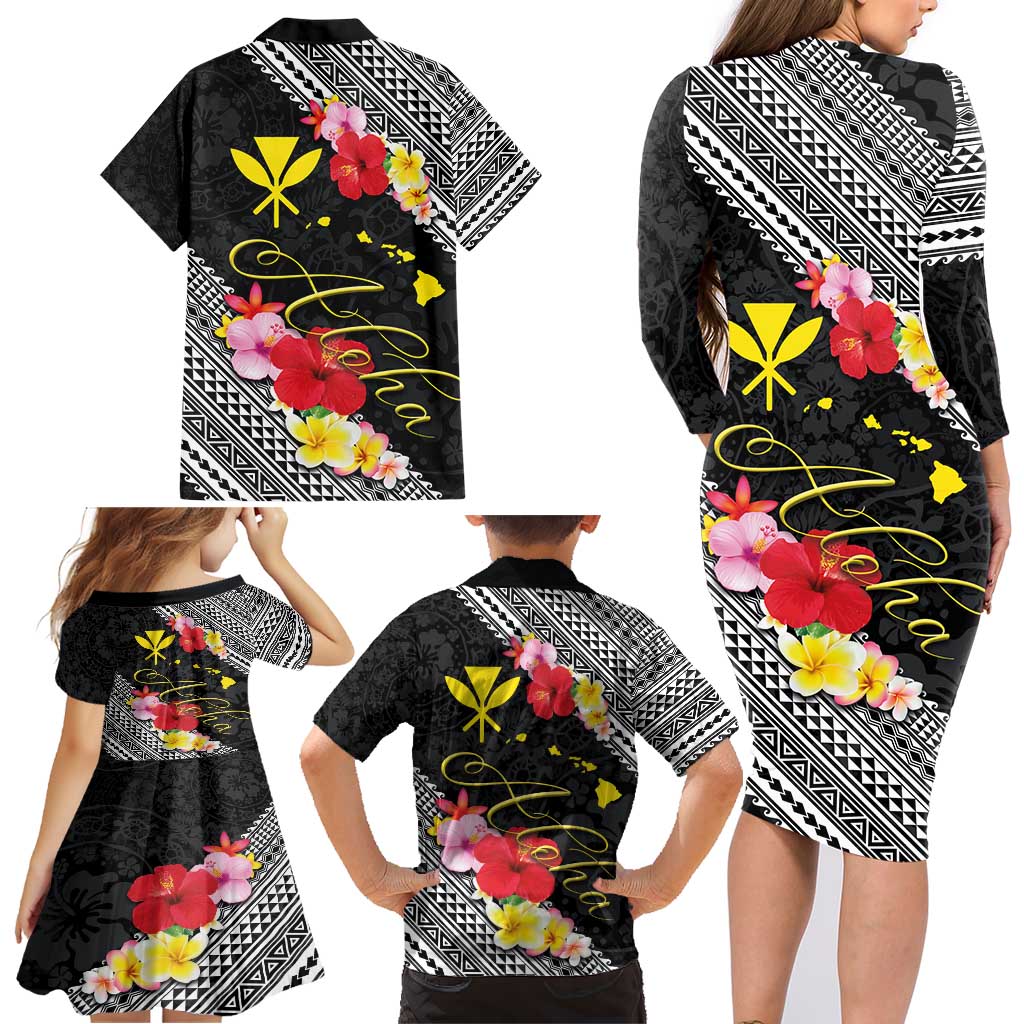 Aloha Hawaii Hibiscus and Plumeria Flowers Family Matching Long Sleeve Bodycon Dress and Hawaiian Shirt Kanaka Maoli Tattoo Polynesian Pattern LT03 - Polynesian Pride