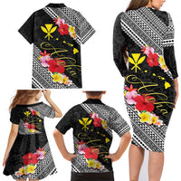 Aloha Hawaii Hibiscus and Plumeria Flowers Family Matching Long Sleeve Bodycon Dress and Hawaiian Shirt Kanaka Maoli Tattoo Polynesian Pattern LT03 - Polynesian Pride