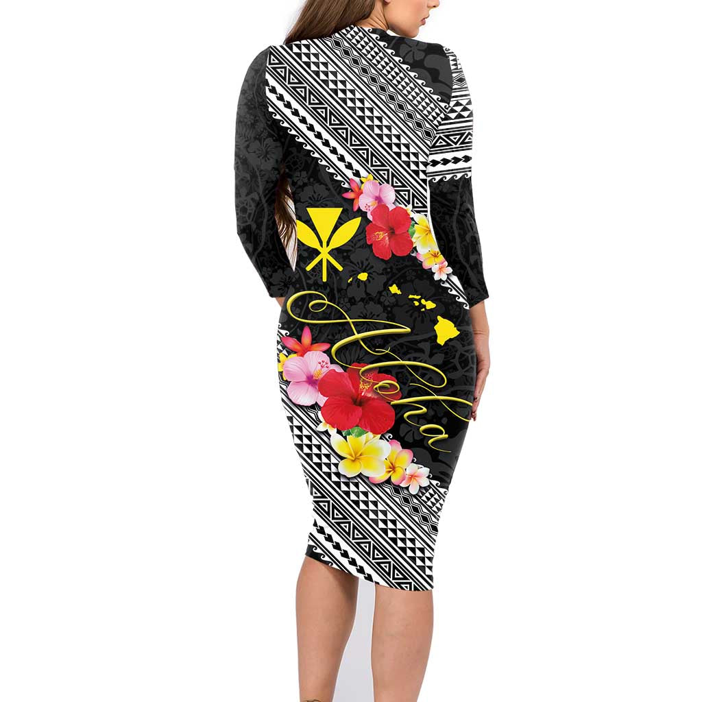 Aloha Hawaii Hibiscus and Plumeria Flowers Family Matching Long Sleeve Bodycon Dress and Hawaiian Shirt Kanaka Maoli Tattoo Polynesian Pattern LT03 - Polynesian Pride