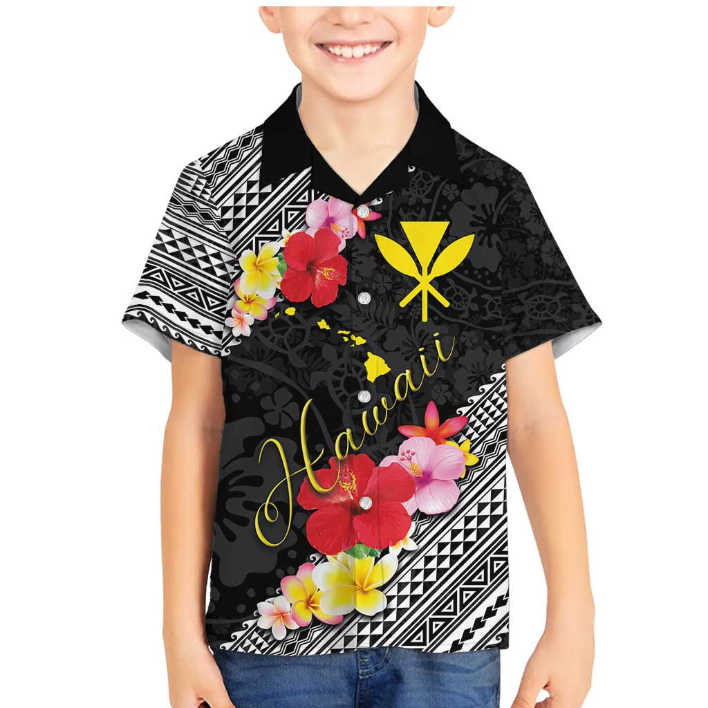 Aloha Hawaii Hibiscus and Plumeria Flowers Family Matching Mermaid Dress and Hawaiian Shirt Kanaka Maoli Tattoo Polynesian Pattern LT03 Son's Shirt Black - Polynesian Pride