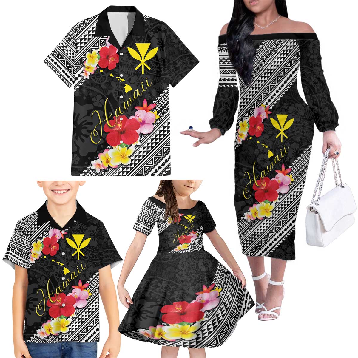 Aloha Hawaii Hibiscus and Plumeria Flowers Family Matching Off The Shoulder Long Sleeve Dress and Hawaiian Shirt Kanaka Maoli Tattoo Polynesian Pattern LT03 - Polynesian Pride