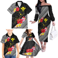 Aloha Hawaii Hibiscus and Plumeria Flowers Family Matching Off The Shoulder Long Sleeve Dress and Hawaiian Shirt Kanaka Maoli Tattoo Polynesian Pattern LT03 - Polynesian Pride