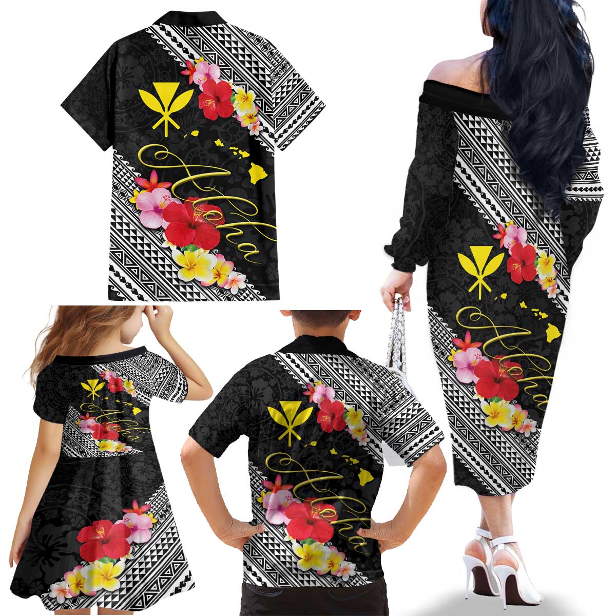 Aloha Hawaii Hibiscus and Plumeria Flowers Family Matching Off The Shoulder Long Sleeve Dress and Hawaiian Shirt Kanaka Maoli Tattoo Polynesian Pattern LT03 - Polynesian Pride