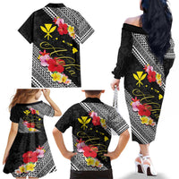 Aloha Hawaii Hibiscus and Plumeria Flowers Family Matching Off The Shoulder Long Sleeve Dress and Hawaiian Shirt Kanaka Maoli Tattoo Polynesian Pattern LT03 - Polynesian Pride