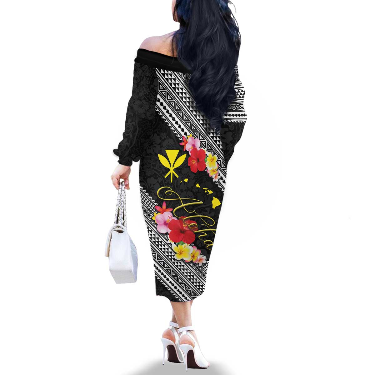 Aloha Hawaii Hibiscus and Plumeria Flowers Family Matching Off The Shoulder Long Sleeve Dress and Hawaiian Shirt Kanaka Maoli Tattoo Polynesian Pattern LT03 - Polynesian Pride