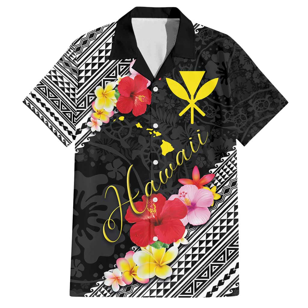 Aloha Hawaii Hibiscus and Plumeria Flowers Family Matching Off Shoulder Maxi Dress and Hawaiian Shirt Kanaka Maoli Tattoo Polynesian Pattern LT03 Dad's Shirt - Short Sleeve Black - Polynesian Pride