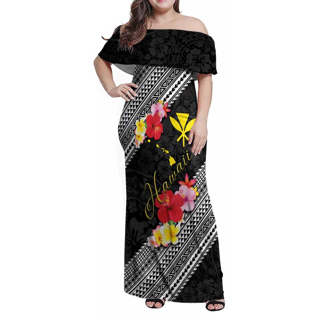 Aloha Hawaii Hibiscus and Plumeria Flowers Family Matching Off Shoulder Maxi Dress and Hawaiian Shirt Kanaka Maoli Tattoo Polynesian Pattern LT03 Mom's Dress Black - Polynesian Pride