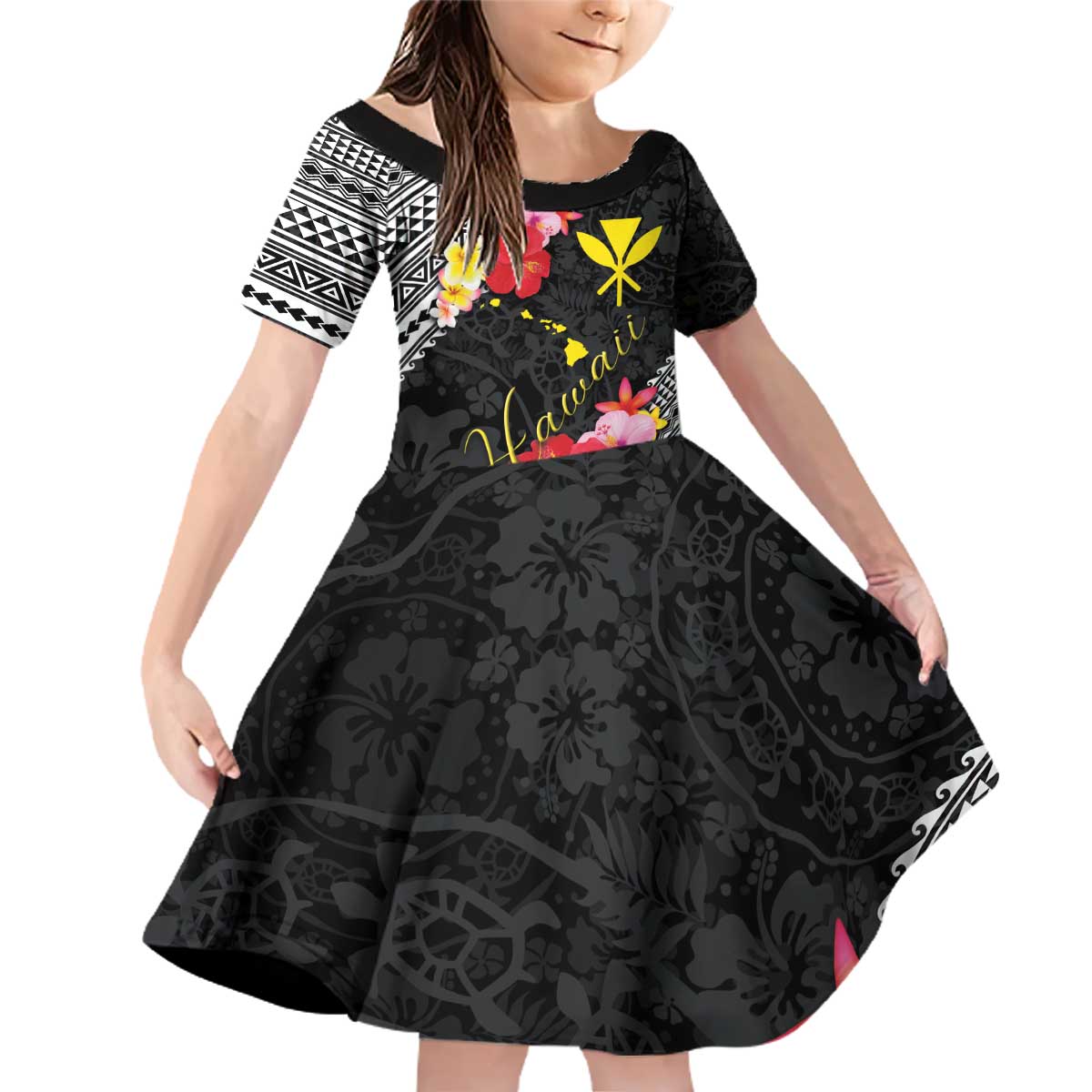 Aloha Hawaii Hibiscus and Plumeria Flowers Family Matching Off Shoulder Short Dress and Hawaiian Shirt Kanaka Maoli Tattoo Polynesian Pattern LT03 Daughter's Dress Black - Polynesian Pride