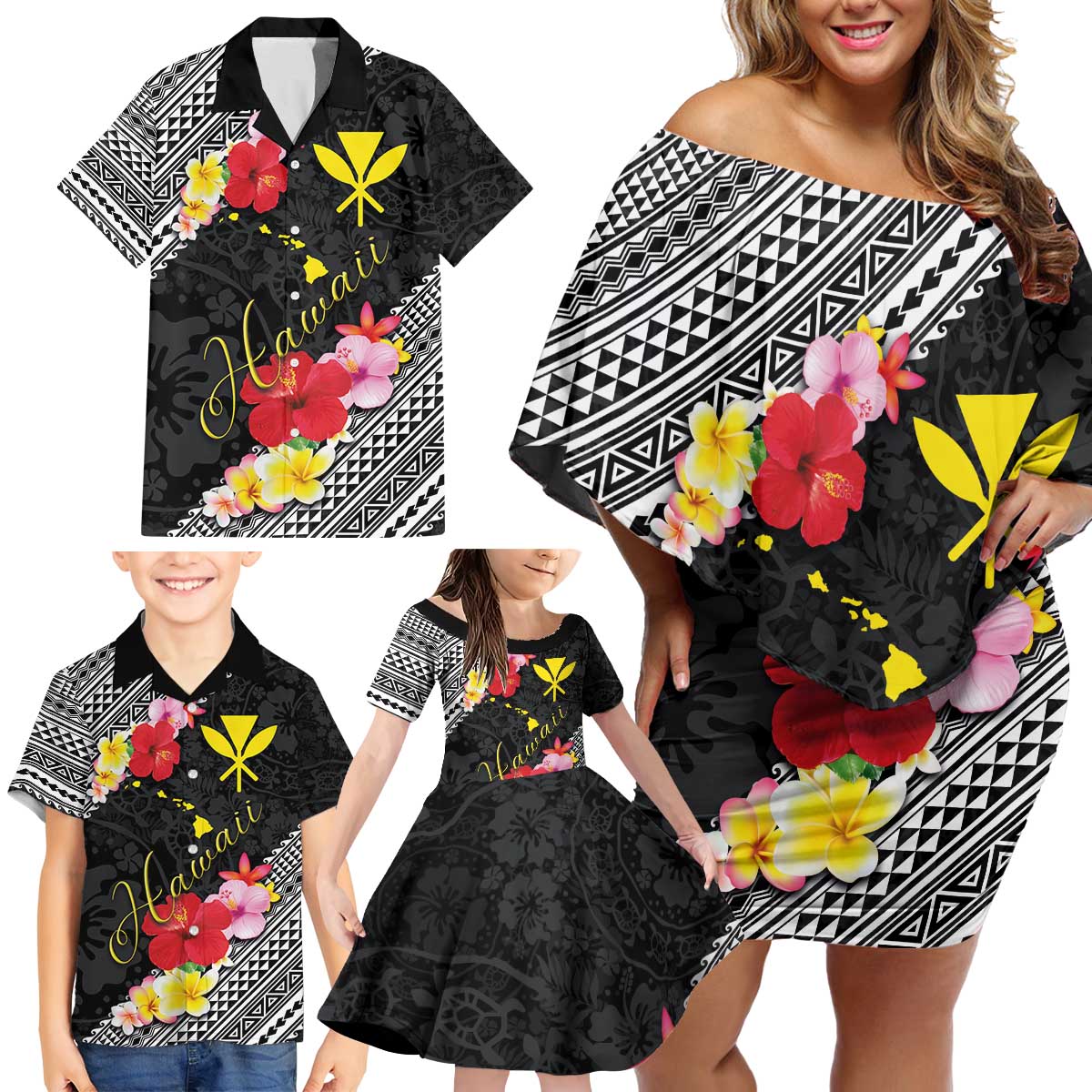 Aloha Hawaii Hibiscus and Plumeria Flowers Family Matching Off Shoulder Short Dress and Hawaiian Shirt Kanaka Maoli Tattoo Polynesian Pattern LT03 - Polynesian Pride
