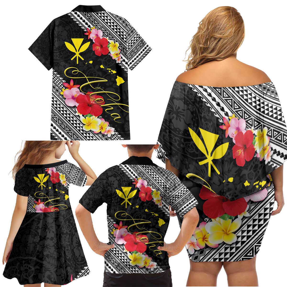 Aloha Hawaii Hibiscus and Plumeria Flowers Family Matching Off Shoulder Short Dress and Hawaiian Shirt Kanaka Maoli Tattoo Polynesian Pattern LT03 - Polynesian Pride