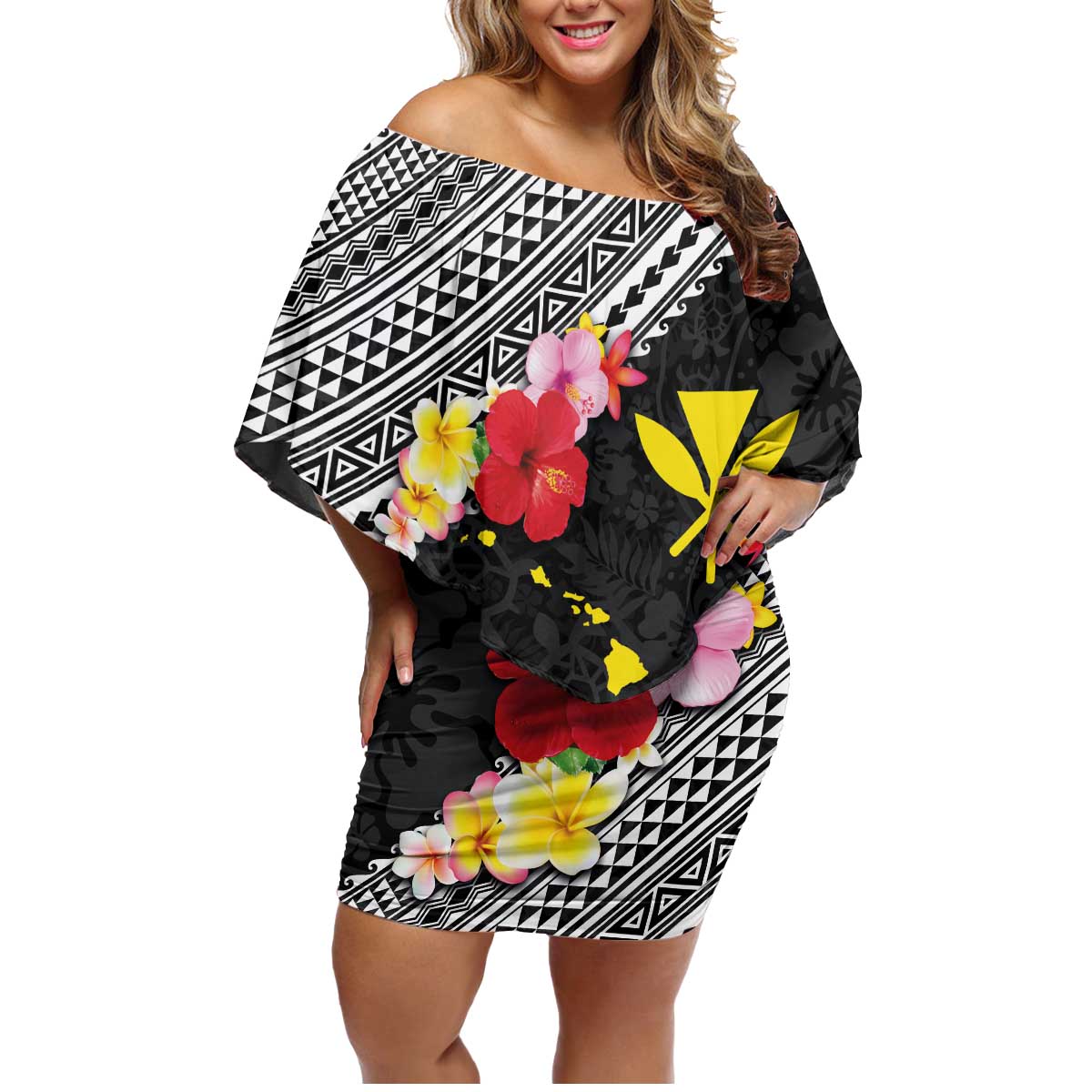 Aloha Hawaii Hibiscus and Plumeria Flowers Family Matching Off Shoulder Short Dress and Hawaiian Shirt Kanaka Maoli Tattoo Polynesian Pattern LT03 Mom's Dress Black - Polynesian Pride