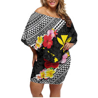 Aloha Hawaii Hibiscus and Plumeria Flowers Family Matching Off Shoulder Short Dress and Hawaiian Shirt Kanaka Maoli Tattoo Polynesian Pattern LT03 Mom's Dress Black - Polynesian Pride