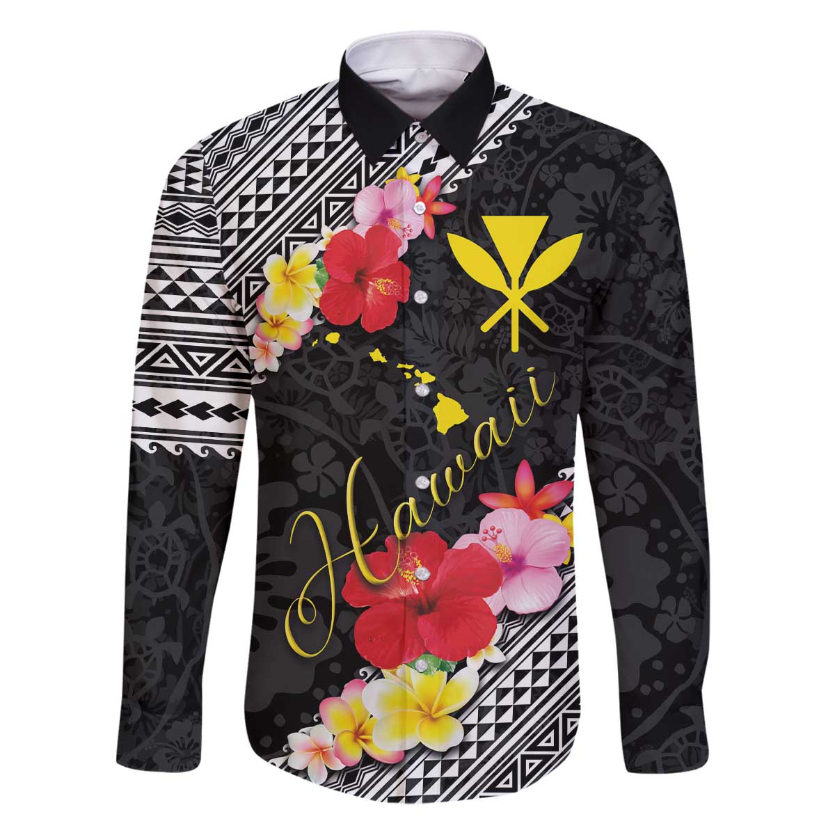 Aloha Hawaii Hibiscus and Plumeria Flowers Family Matching Puletasi and Hawaiian Shirt Kanaka Maoli Tattoo Polynesian Pattern LT03 Dad's Shirt - Long Sleeve Black - Polynesian Pride