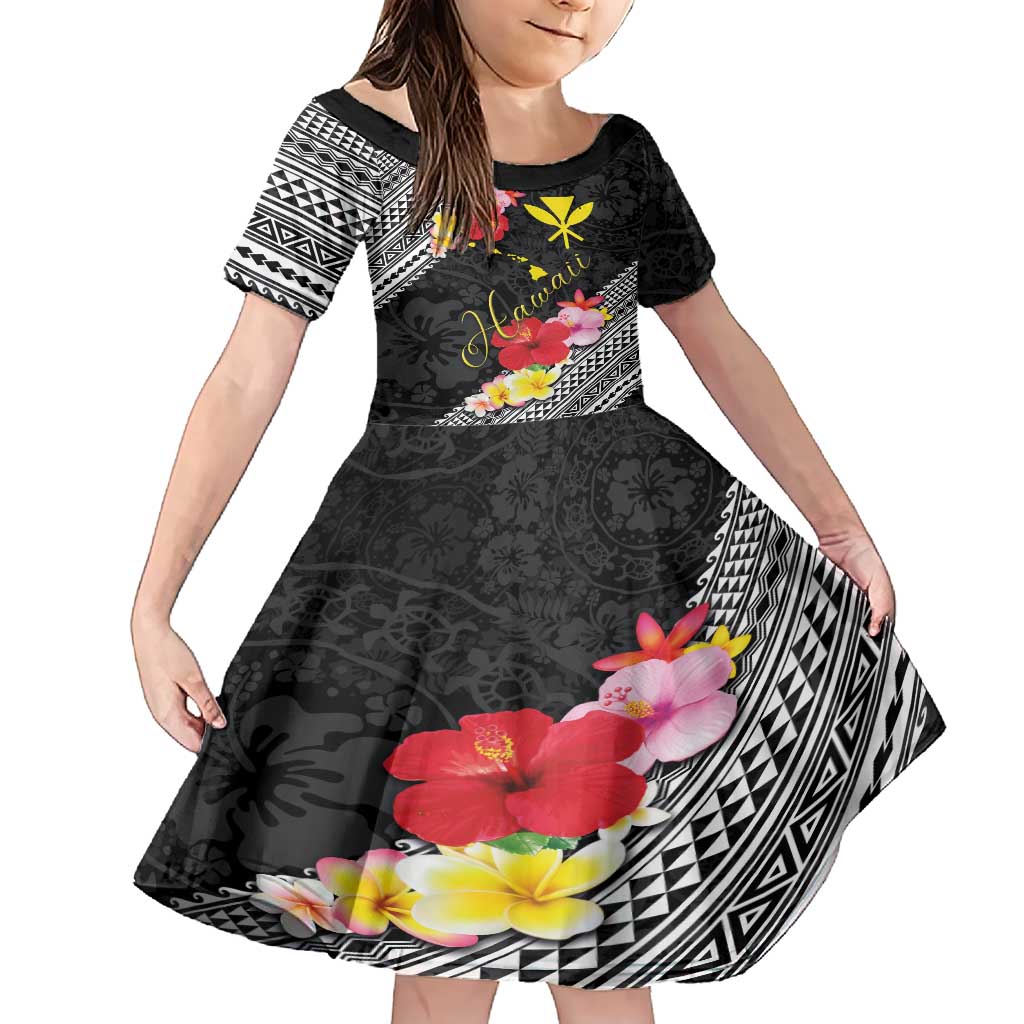 Aloha Hawaii Hibiscus and Plumeria Flowers Family Matching Short Sleeve Bodycon Dress and Hawaiian Shirt Kanaka Maoli Tattoo Polynesian Pattern LT03 Daughter's Dress Black - Polynesian Pride