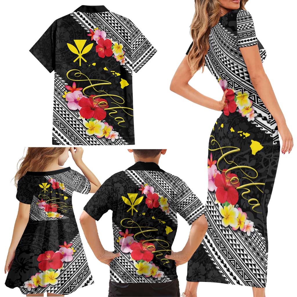 Aloha Hawaii Hibiscus and Plumeria Flowers Family Matching Short Sleeve Bodycon Dress and Hawaiian Shirt Kanaka Maoli Tattoo Polynesian Pattern LT03 - Polynesian Pride