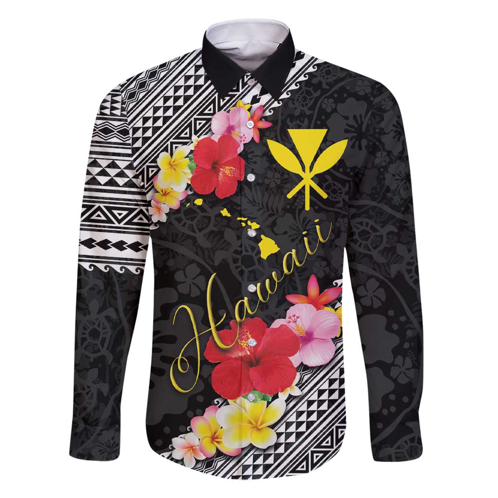 Aloha Hawaii Hibiscus and Plumeria Flowers Family Matching Short Sleeve Bodycon Dress and Hawaiian Shirt Kanaka Maoli Tattoo Polynesian Pattern LT03 Dad's Shirt - Long Sleeve Black - Polynesian Pride