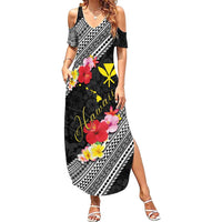Aloha Hawaii Hibiscus and Plumeria Flowers Family Matching Summer Maxi Dress and Hawaiian Shirt Kanaka Maoli Tattoo Polynesian Pattern LT03 Mom's Dress Black - Polynesian Pride