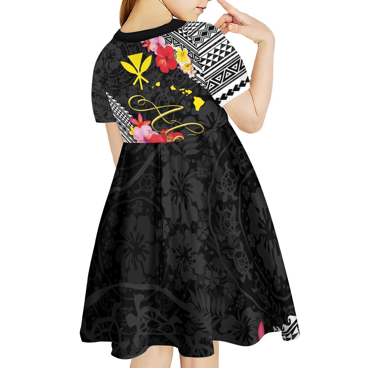 Aloha Hawaii Hibiscus and Plumeria Flowers Kid Short Sleeve Dress Kanaka Maoli Tattoo Polynesian Pattern