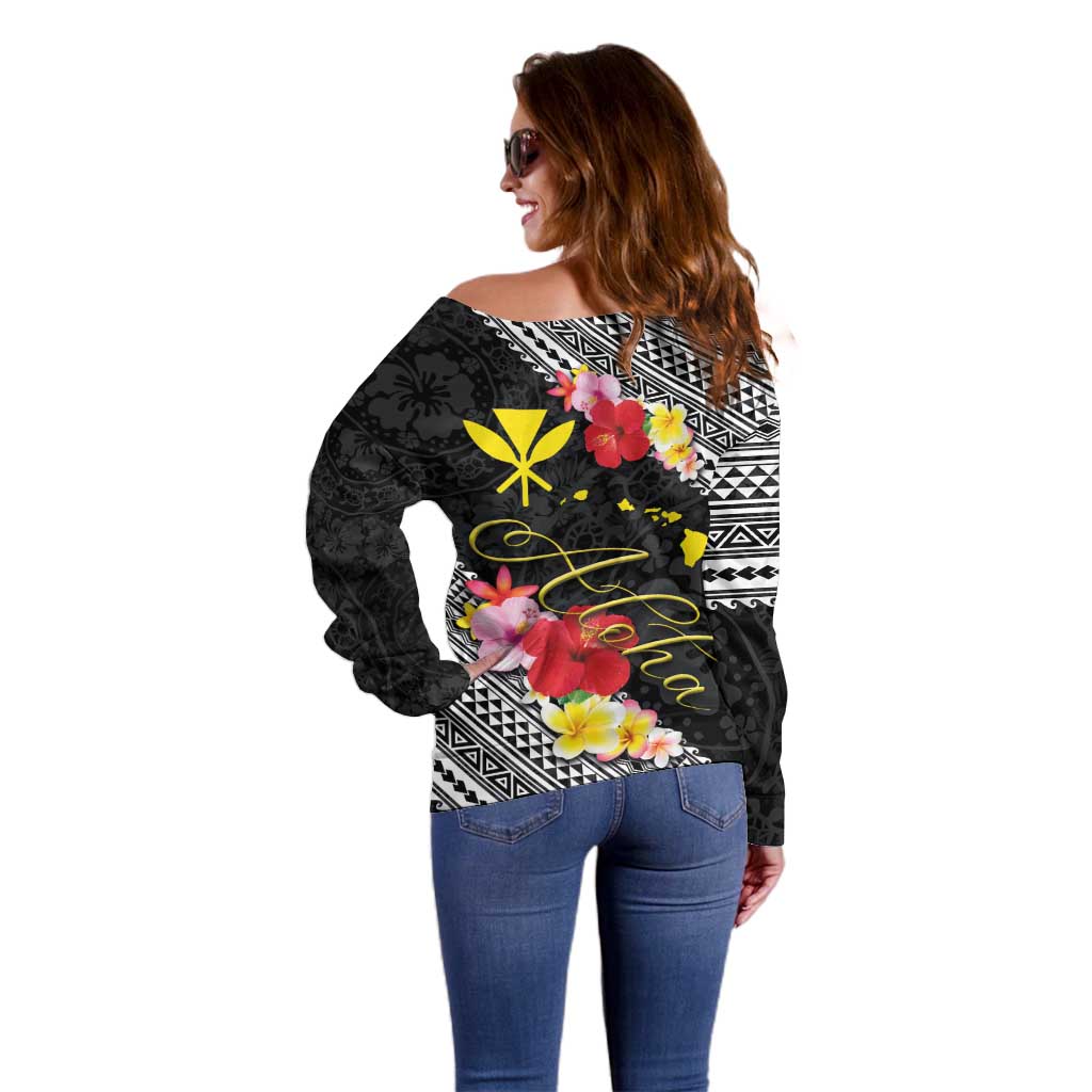 Aloha Hawaii Hibiscus and Plumeria Flowers Off Shoulder Sweater Kanaka Maoli Tattoo Polynesian Pattern
