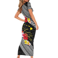 Aloha Hawaii Hibiscus and Plumeria Flowers Short Sleeve Bodycon Dress Kanaka Maoli Tattoo Polynesian Pattern LT03 - Polynesian Pride