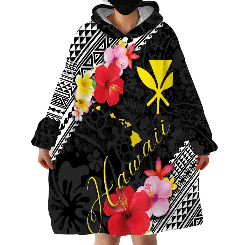 Aloha Hawaii Hibiscus and Plumeria Flowers Wearable Blanket Hoodie Kanaka Maoli Tattoo Polynesian Pattern LT03 - Polynesian Pride