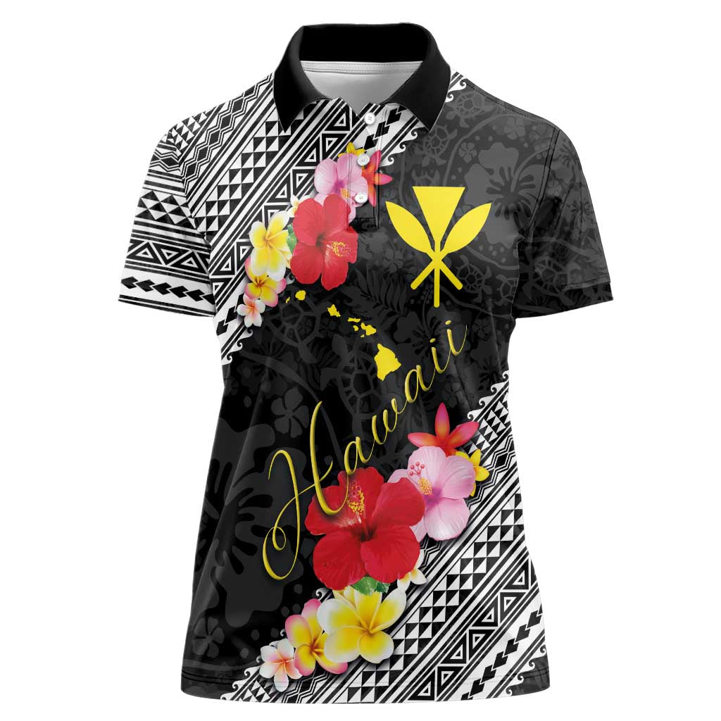 Aloha Hawaii Hibiscus and Plumeria Flowers Women Polo Shirt Kanaka Maoli Tattoo Polynesian Pattern LT03 Female Black - Polynesian Pride