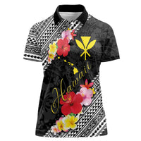 Aloha Hawaii Hibiscus and Plumeria Flowers Women Polo Shirt Kanaka Maoli Tattoo Polynesian Pattern LT03 Female Black - Polynesian Pride