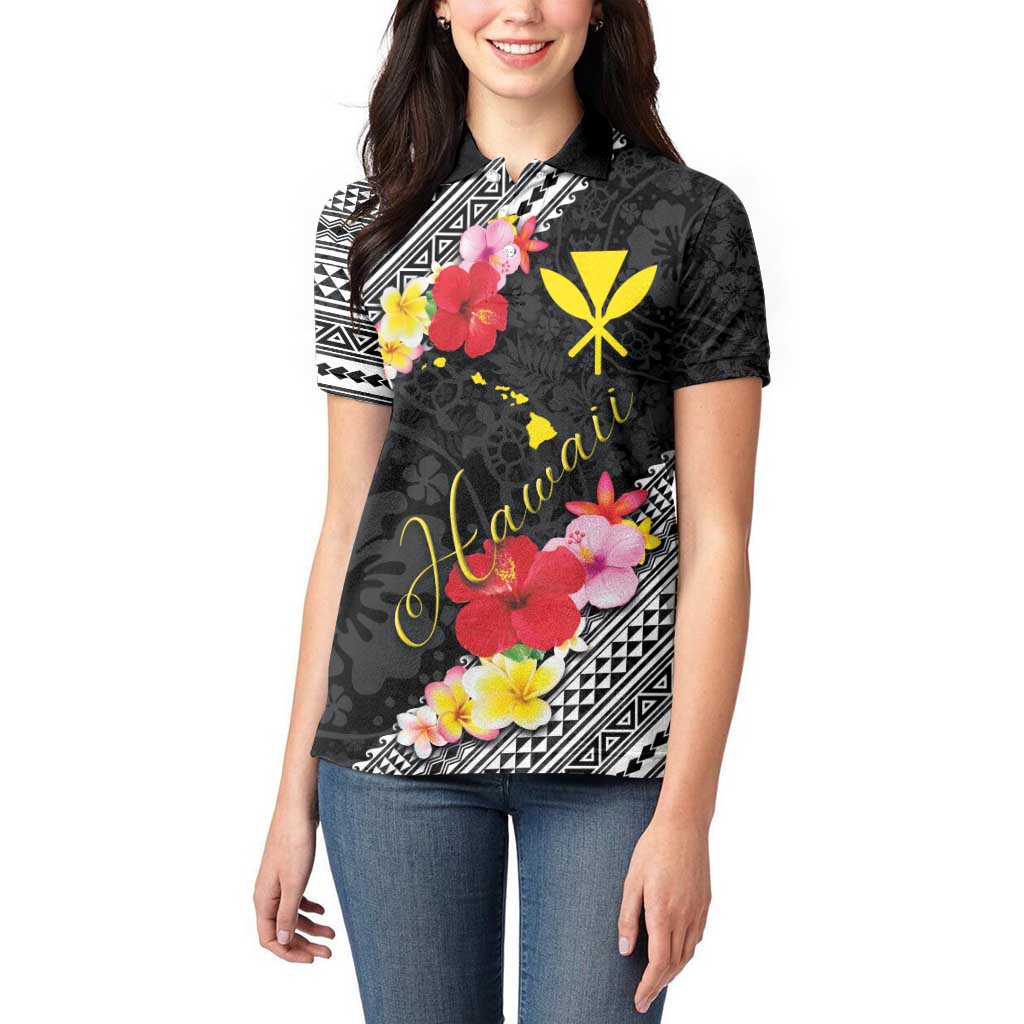 Aloha Hawaii Hibiscus and Plumeria Flowers Women Polo Shirt Kanaka Maoli Tattoo Polynesian Pattern LT03 - Polynesian Pride