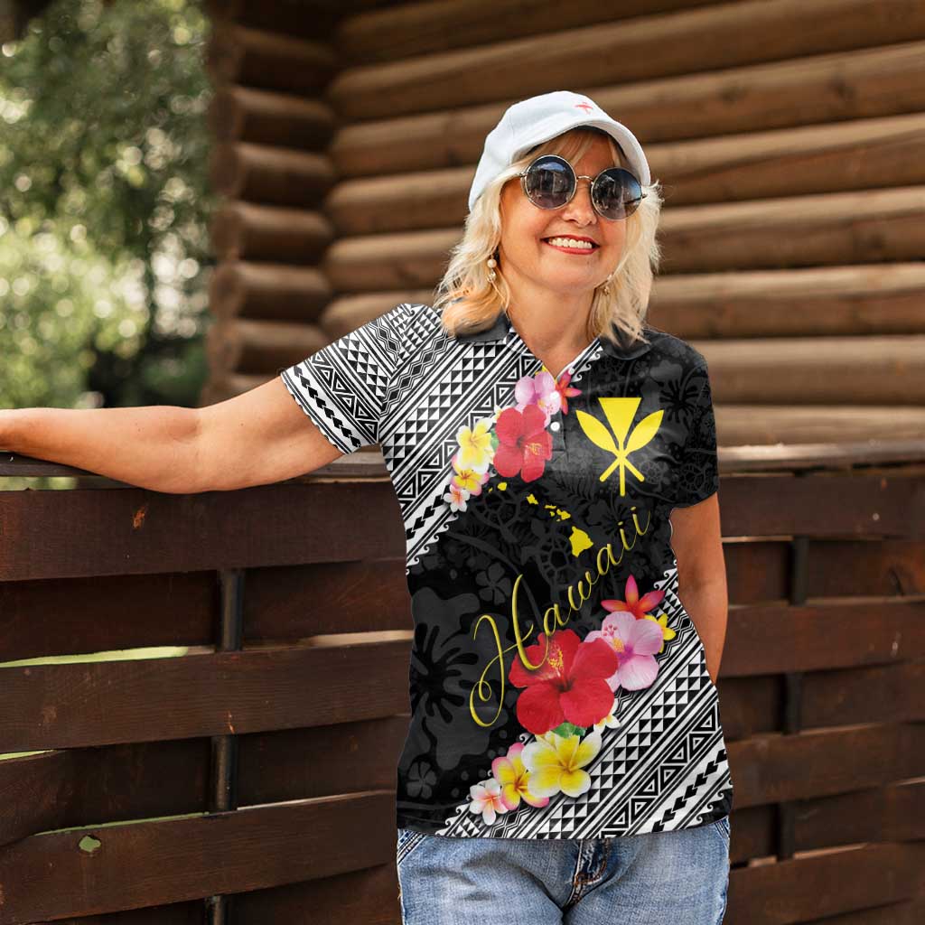 Aloha Hawaii Hibiscus and Plumeria Flowers Women Polo Shirt Kanaka Maoli Tattoo Polynesian Pattern LT03 - Polynesian Pride