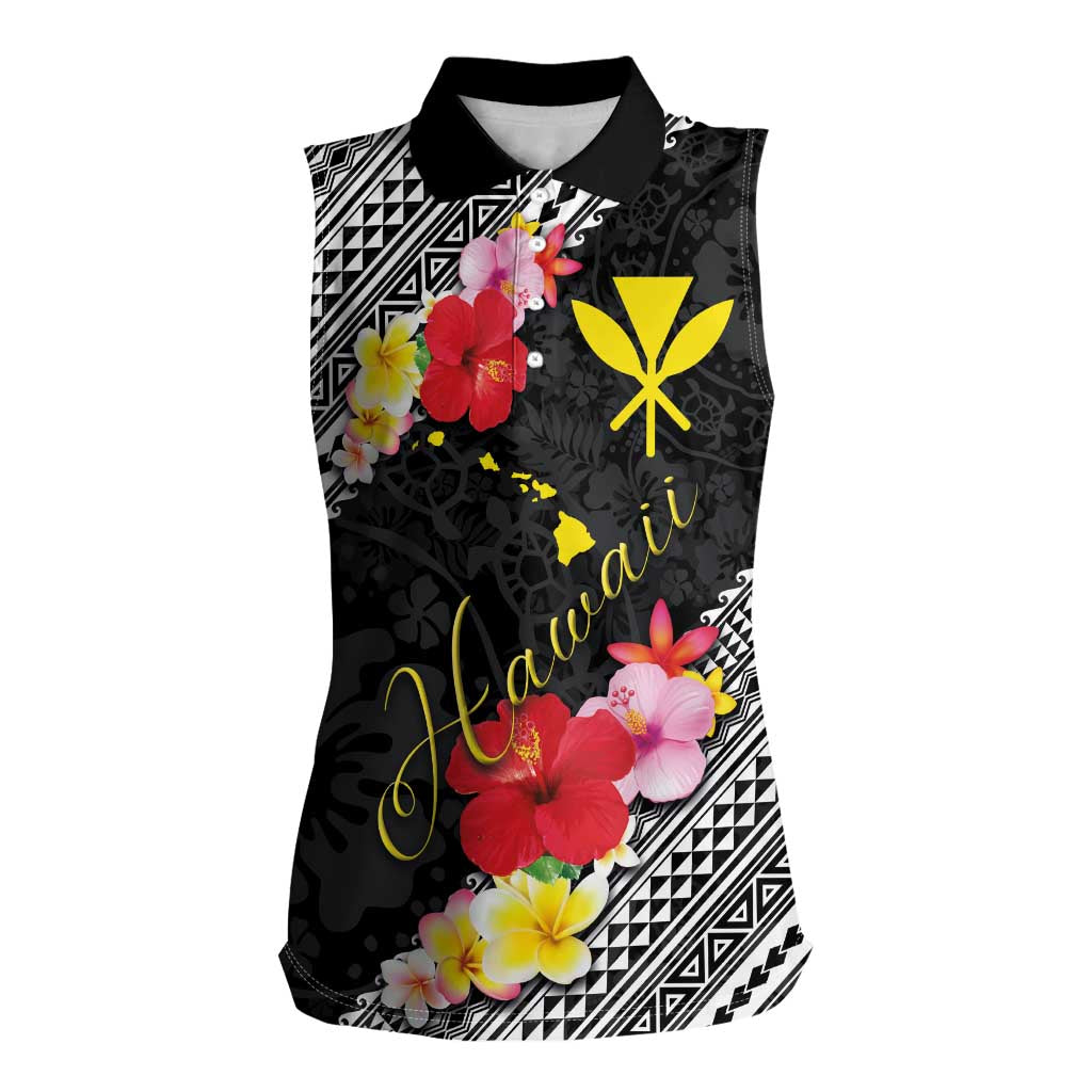 Aloha Hawaii Hibiscus and Plumeria Flowers Women Sleeveless Polo Shirt Kanaka Maoli Tattoo Polynesian Pattern LT03 Female Black - Polynesian Pride