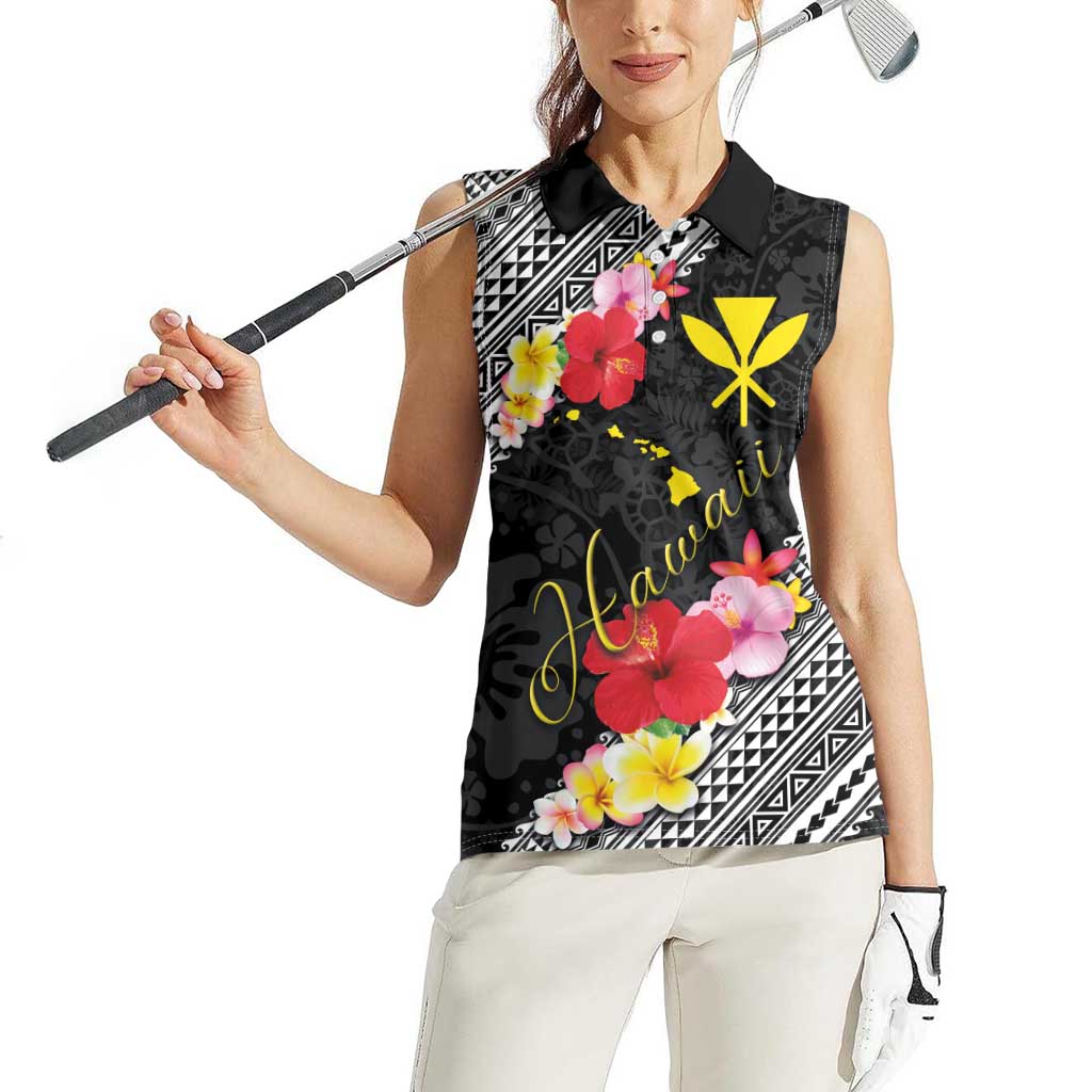Aloha Hawaii Hibiscus and Plumeria Flowers Women Sleeveless Polo Shirt Kanaka Maoli Tattoo Polynesian Pattern LT03 - Polynesian Pride