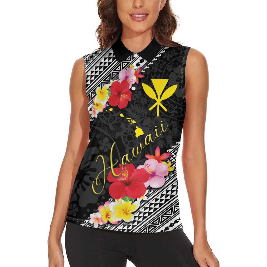 Aloha Hawaii Hibiscus and Plumeria Flowers Women Sleeveless Polo Shirt Kanaka Maoli Tattoo Polynesian Pattern LT03 - Polynesian Pride